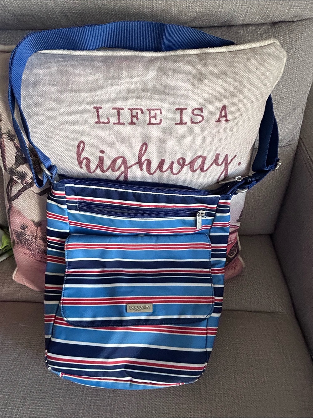 Baggallini Blue Striped Crossbody with Red & White Accents